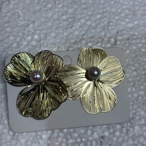 Gold Floral Earrings with Pearl Center
